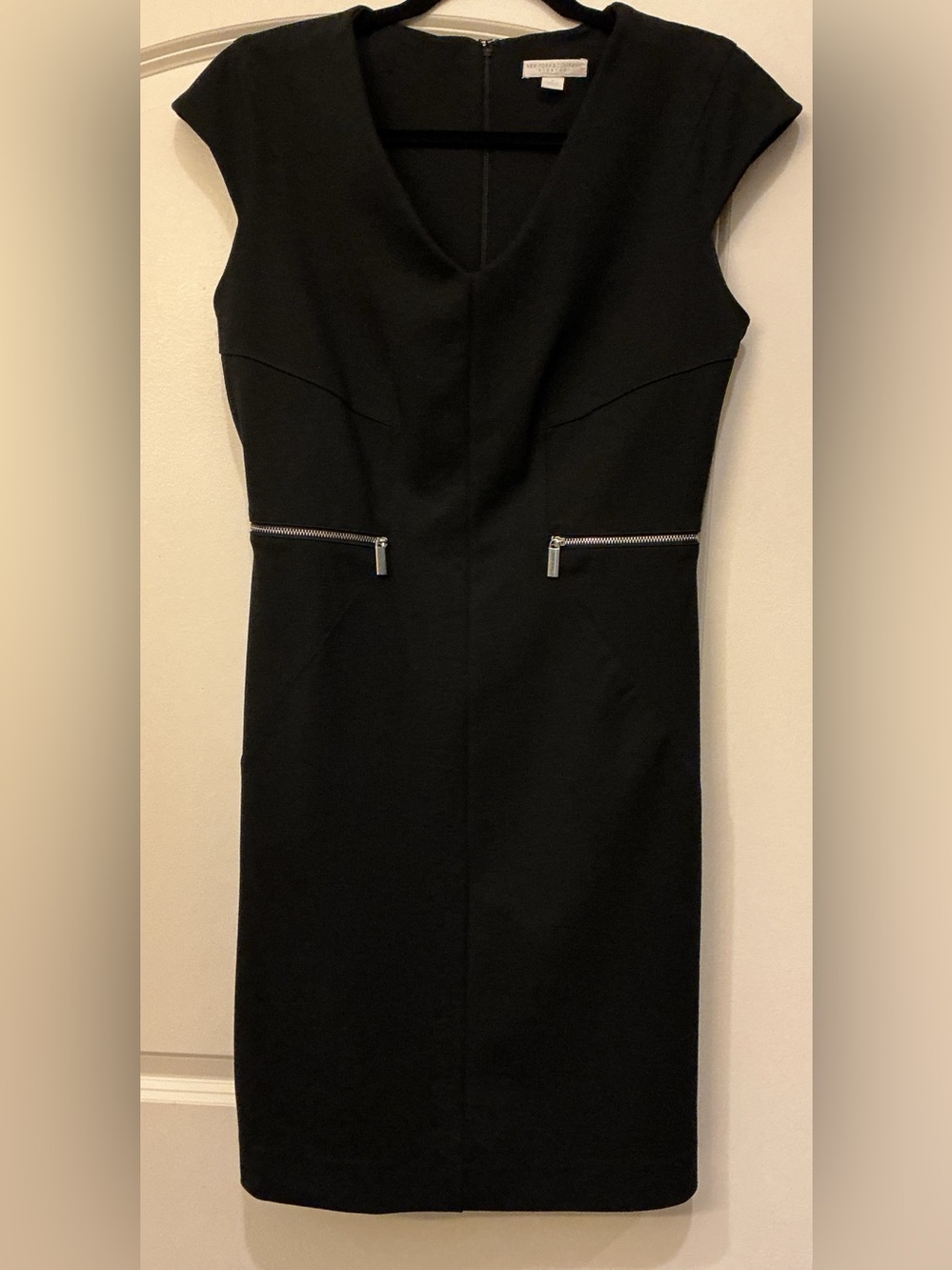 New York & Company Black Stretch Sheath Dress Cap Sleeve Zipper Accents Medium